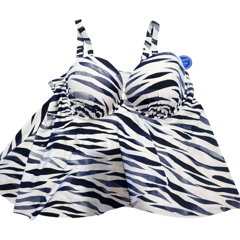 Swimsuits For All Tankini Swim Top Womens 20 Zebra Blue Flowy Underwire New